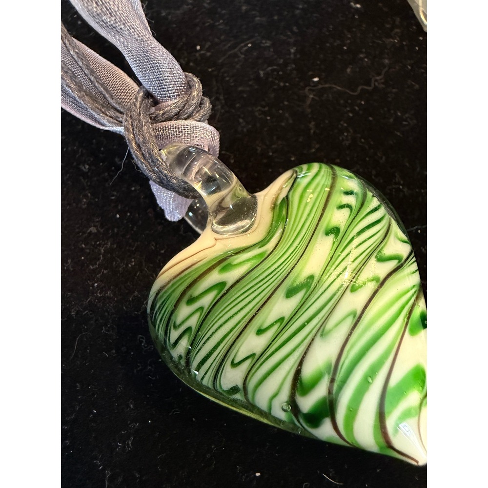 Heart Necklace Murano Glass Swirl Art Glass Ribbon Hand Blown Pendant Green
